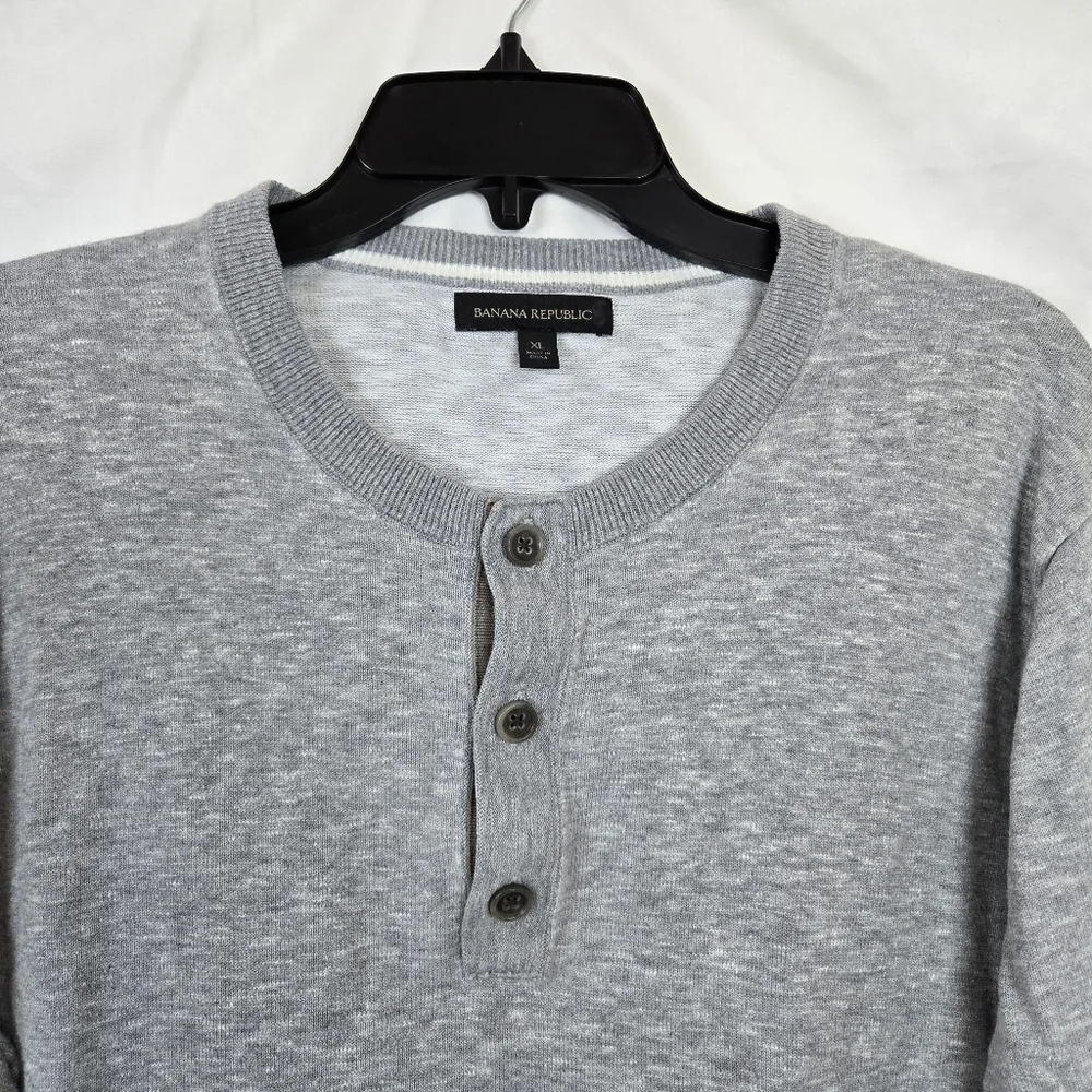 Banana Republic Men's Heather Gray Slub Long‎ Sleeve Knit Henley Cotton Shirt XL